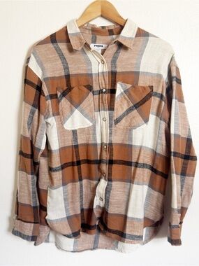 RSQ Women’s Brown Plaid Button-Up Cotton Flannel Western Fall